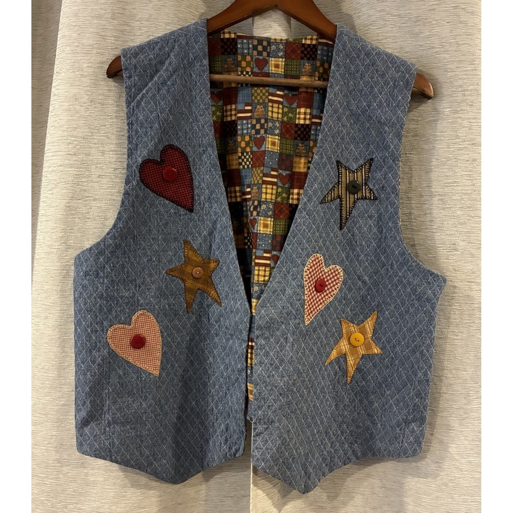 Vintage 90s Denim Patchwork Novelty Vest‎ Reversible Kitten Cottagecore